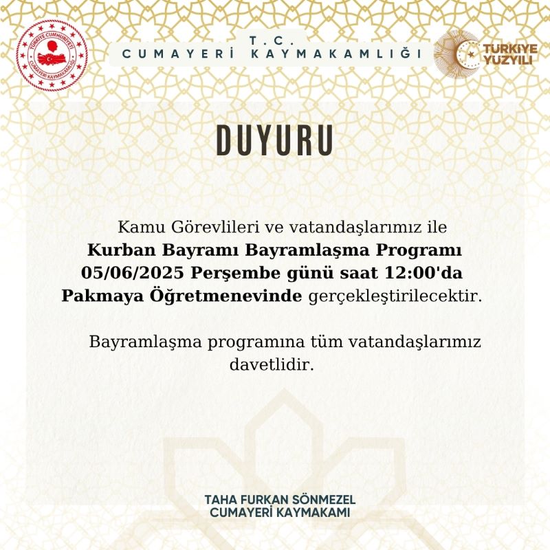 Kurban Bayramı, Bayramlaşma Programına Tüm Halkımız Davetlidir.